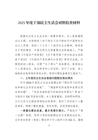 2025年度干部民主生活会对照检查材料