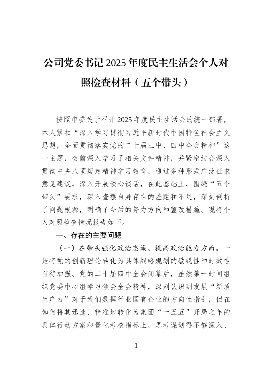 公司党委书记2025年度民主生活会个人对照检查材料（五个带头）_第1页