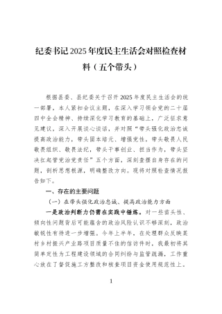 纪委书记2025年度民主生活会对照检查材料（五个带头）