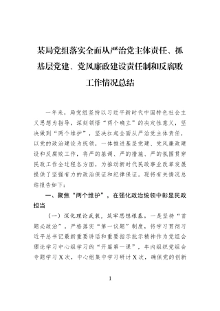 某局党组落实全面从严治党主体责任、抓基层党建、党风廉政建设责任制和反腐败工作情况总结