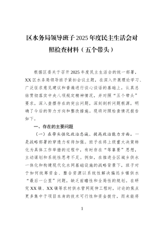 区水务局领导班子2025年度民主生活会对照检查材料（五个带头）