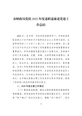 市财政局党组2025年度述职述廉述党建工作总结
