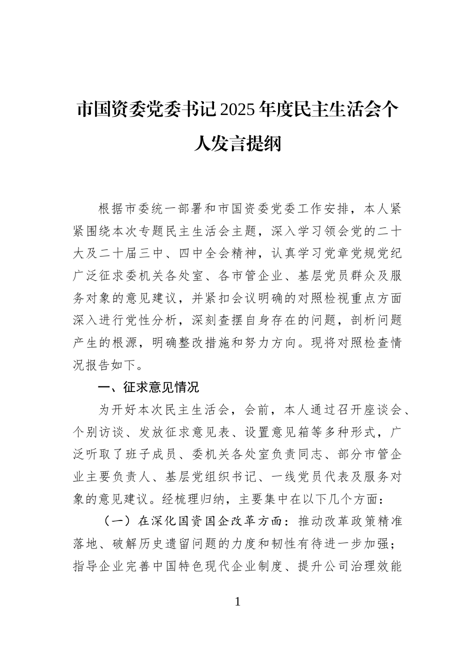 市国资委党委书记2025年度民主生活会个人发言提纲_第1页
