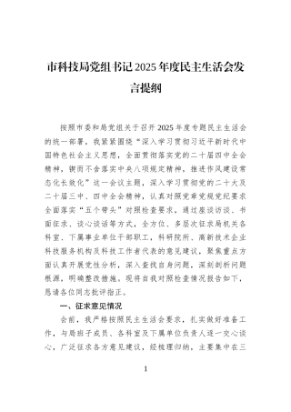 市科技局党组书记2025年度民主生活会发言提纲