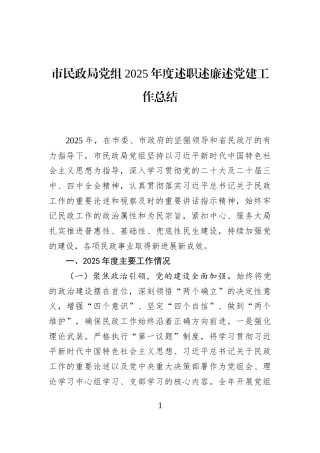市民政局党组2025年度述职述廉述党建工作总结