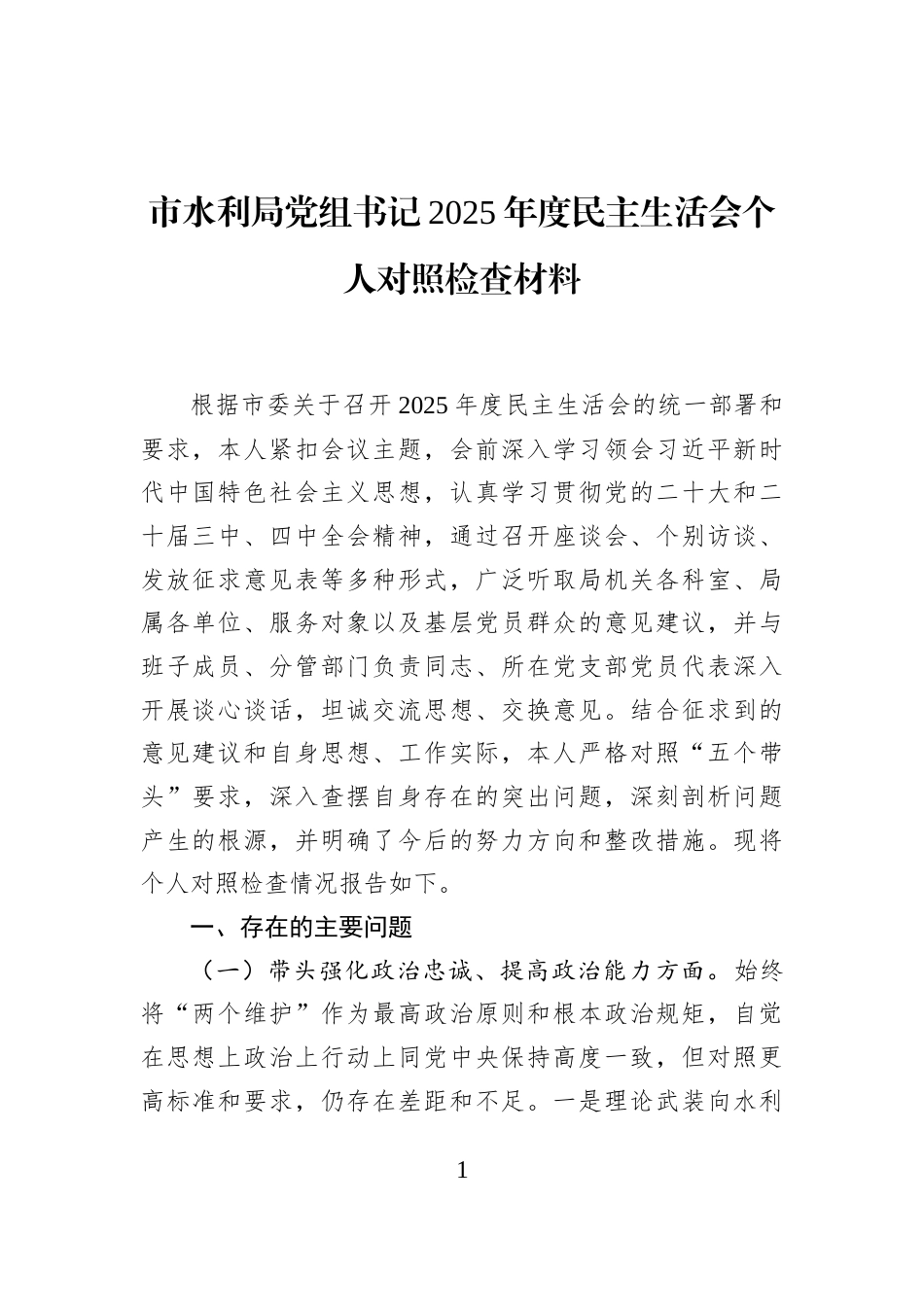 市水利局党组书记2025年度民主生活会个人对照检查材料_第1页