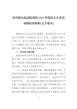 市中级人民法院党组2025年度民主生活会对照检查材料(五个带头)