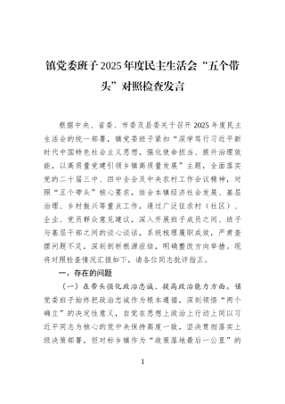 镇党委班子2025年度民主生活会“五个带头”对照检查发言