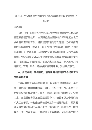 在县总工会2025年经费审查工作总结暨巡察问题反馈会议上的讲话