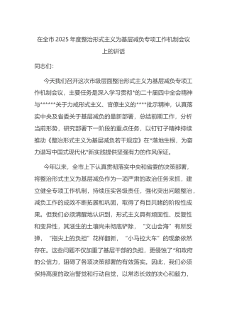 在全市2025年度整治形式主义为基层减负专项工作机制会议上的讲话