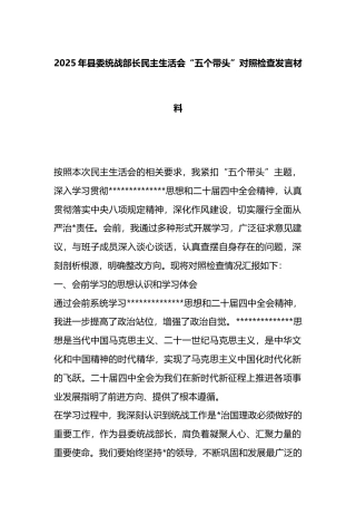 2025年县委统战部长民主生活会“五个带头”对照检查发言材料