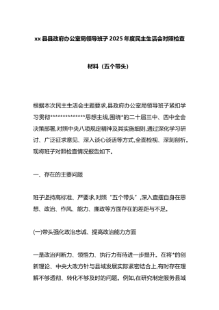 县政府办公室局领导班子2025年度民主生活会对照检查材料（五个带头）