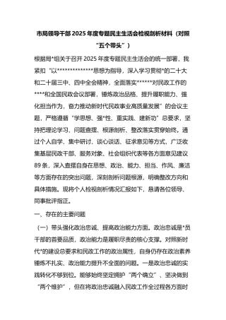 市局领导干部2025年度专题民主生活会检视剖析材料（对照“五个带头”）