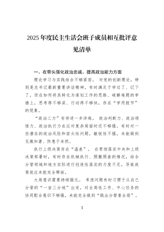 2025年度民主生活会班子成员相互批评意见清单
