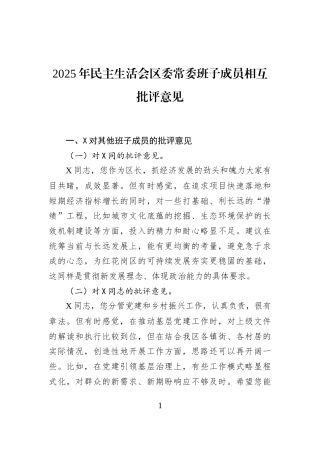 2025年民主生活会区委常委班子成员相互批评意见
