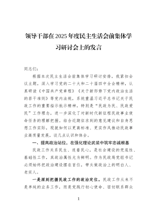 领导干部在2025年度民主生活会前集体学习研讨会上的发言