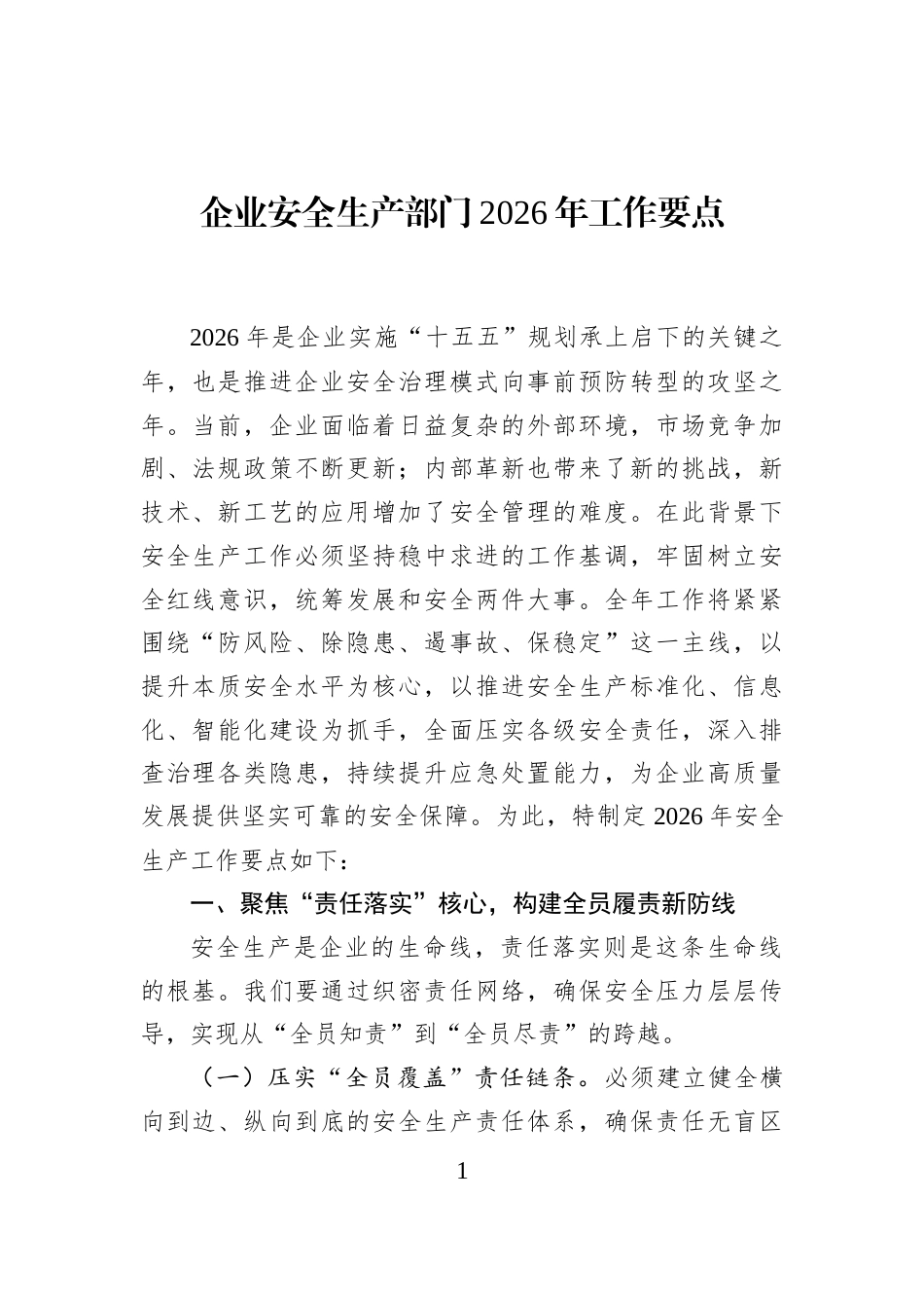 企业安全生产部门2026年工作要点_第1页