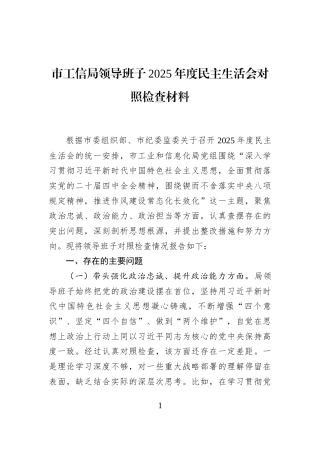市工信局领导班子2025年度民主生活会对照检查材料