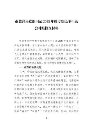 市教育局党组书记2025年度专题民主生活会对照检查材料