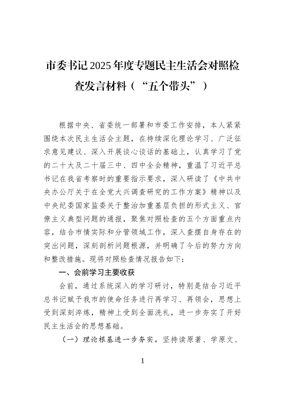 市委书记2025年度专题民主生活会对照检查发言材料（“五个带头”）_第1页