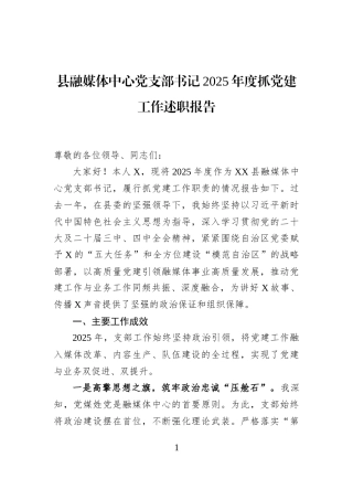 县融媒体中心党支部书记2025年度抓党建工作述职报告