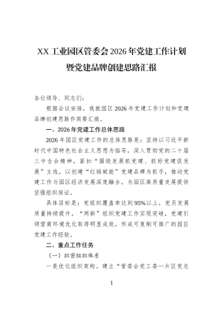 XX工业园区管委会2026年党建工作计划暨党建品牌创建思路汇报