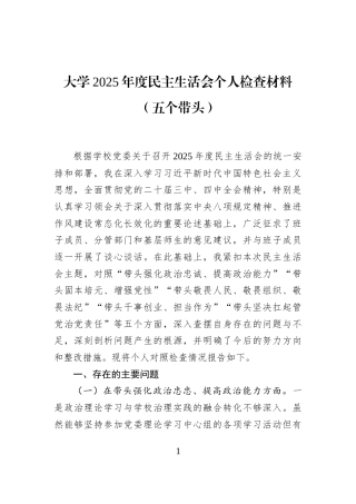 大学2025年度民主生活会个人检查材料（五个带头）