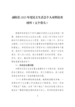 副校长2025年度民主生活会个人对照检查材料（五个带头）