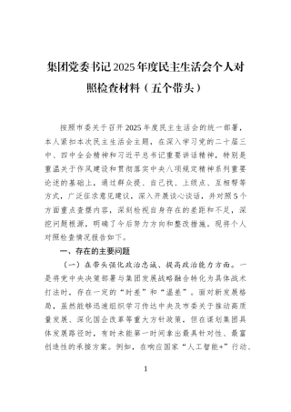 集团党委书记2025年度民主生活会个人对照检查材料（五个带头）