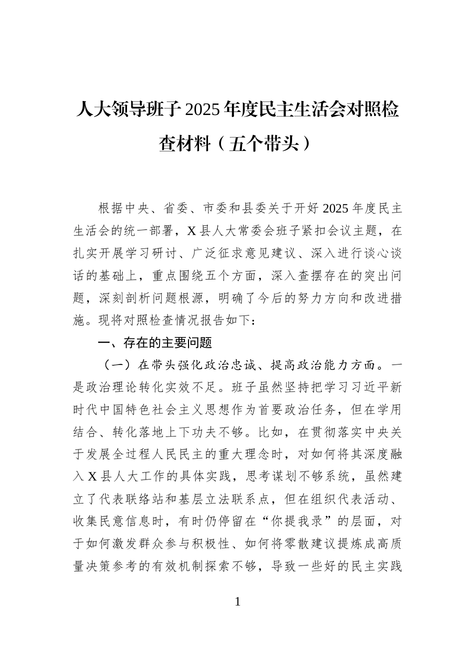 人大领导班子2025年度民主生活会对照检查材料（五个带头）_第1页