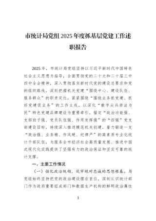 市统计局党组2025年度抓基层党建工作述职报告