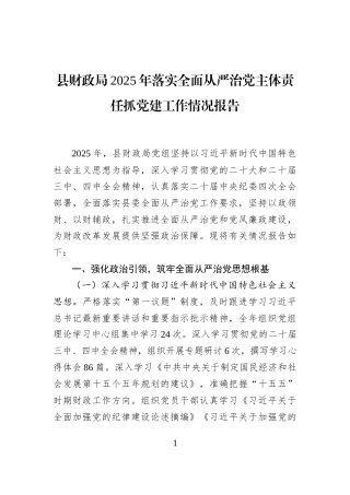 县财政局2025年落实全面从严治党主体责任抓党建工作情况报告