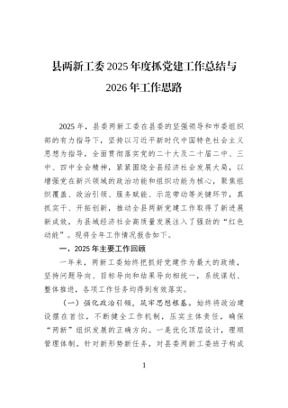 县两新工委2025年度抓党建工作总结与2026年工作思路