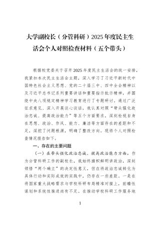 大学副校长（分管科研）2025年度民主生活会个人对照检查材料（五个带头）