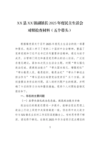 XX县XX镇副镇长2025年度民主生活会对照检查材料（五个带头）