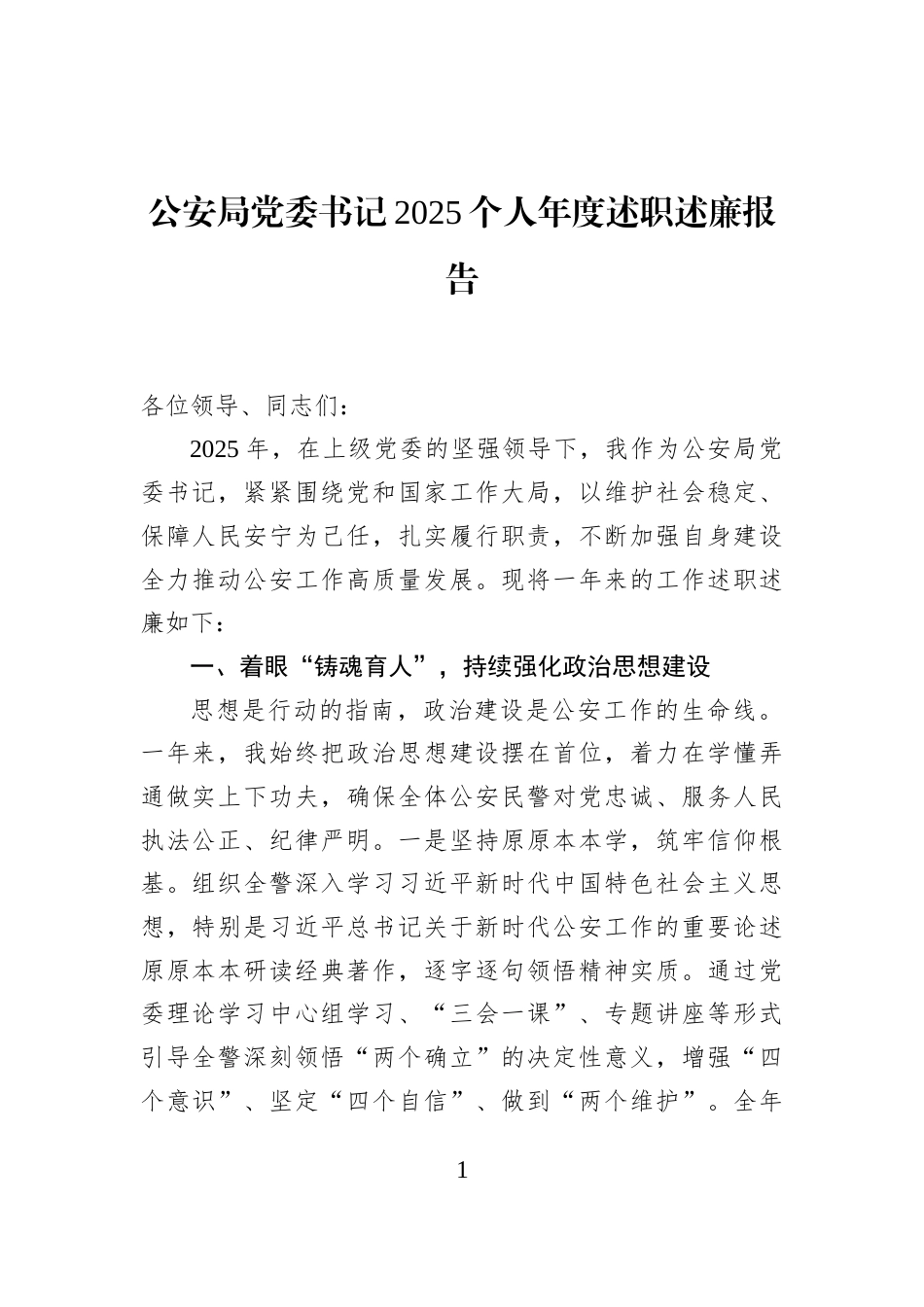 公安局党委书记2025个人年度述职述廉报告_第1页
