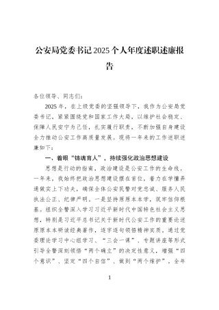 公安局党委书记2025个人年度述职述廉报告