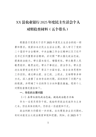 XX县农业银行2025年度民主生活会个人对照检查材料（五个带头）