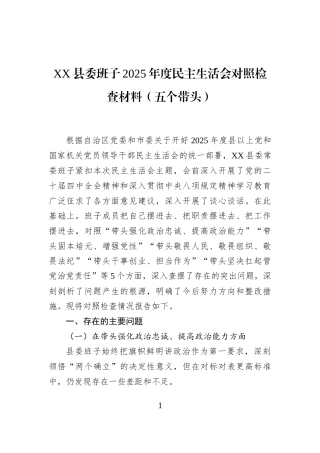 XX县委班子2025年度民主生活会对照检查材料（五个带头）