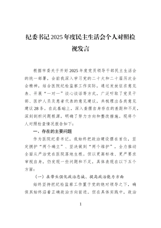纪委书记2025年度民主生活会个人对照检视发言