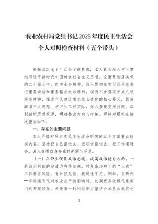 农业农村局党组书记2025年度民主生活会个人对照检查材料（五个带头）