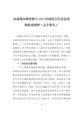 区商务局领导班子2025年度民主生活会对照检查材料（五个带头）