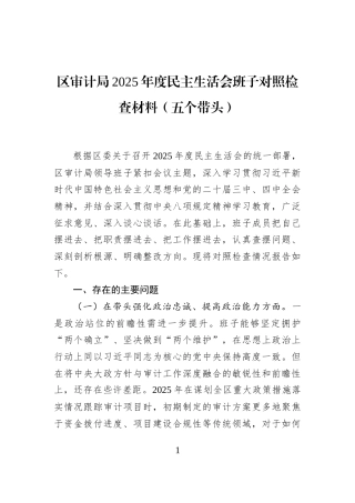 区审计局2025年度民主生活会班子对照检查材料（五个带头）