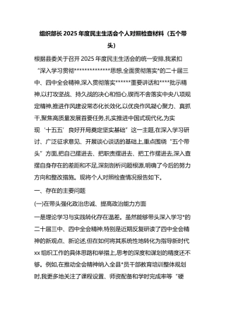 组织部长2025年度民主生活会个人对照检查材料（五个带头）