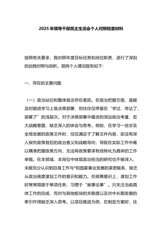 2025年领导干部民主生活会个人对照检查材料