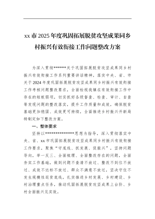 市2025年度巩固拓展脱贫攻坚成果同乡村振兴有效衔接工作问题整改方案