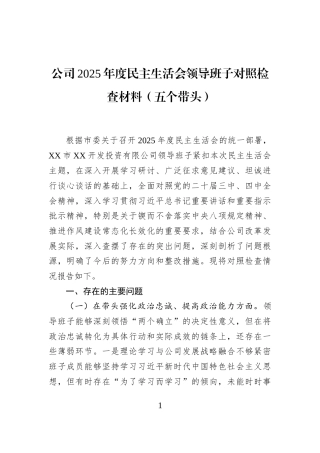 公司2025年度民主生活会领导班子对照检查材料(五个带头)
