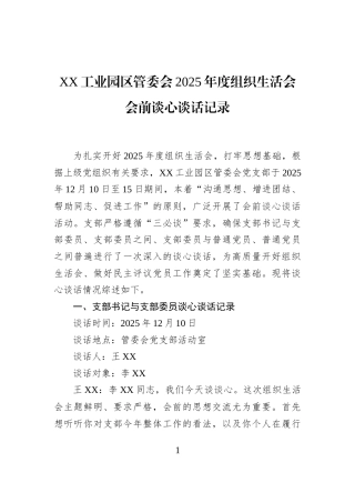 XX工业园区管委会2025年度组织生活会会前谈心谈话记录
