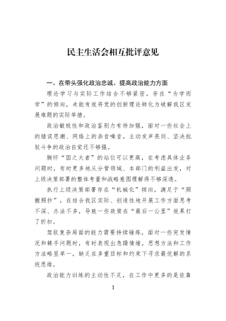 民主生活会相互批评意见