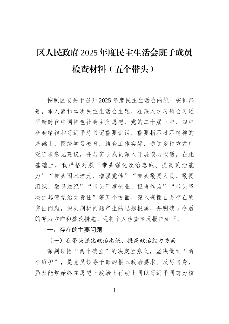 区人民政府2025年度民主生活会班子成员检查材料（五个带头）_第1页